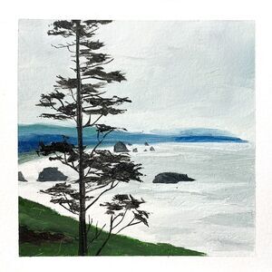 6x6 PNW Original Oil Painting Seascape Ecola Pacific Coastal Ocean Pines Signed